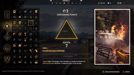 <strong>Fahrzeugstopper - Kosten: 7 Vorteilspunkte</strong> - In Far Cry 5 nerven euch Unmengen an Autos mit Kultisten. Damit ihr diese schneller aus dem Weg räumt, nutzt dieses Perk - zumindest bis ihr den Raketenwerfer eingeheimst habt.