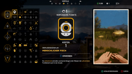 Mittels Fertigkeitspunkten verschaffen wir uns im Skill Tree neue Perks und können anschließend etwa schneller schwimmen oder vertragen mehr Schaden.