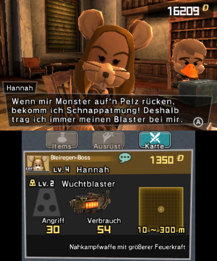 Alle tierischen Söldner sind individuell gestaltet und haben Witz. Im unteren Bildschirm des Nintendo 3DS seht ihr zudem mehr Details zur Waffe des Begleiters und die Kosten für dessen Unterstützung.