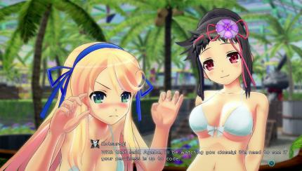 <em>Senran Kagura</em> ist ein gutes Beispiel dafür, dass sexualisierte Charaktere trotzdem ausgearbeitete Persönlichkeiten haben können. Die lesbische Katsuragi freut sich über ihre Freundinnen in Bikinis.