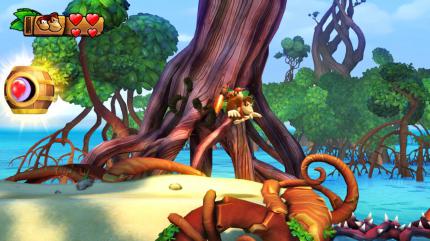 Spielt ihr als Donkey Kong, könnt ihr auf die Hilfe von Diddy, Dixie und Cranky Kong zurückgreifen, so etwa auf Diddys flugfähigen Raketen-Rucksack.