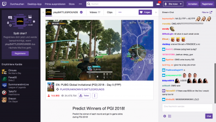 Die Finalrunde am letzten Spieltag mobilisierte auf dem englischsprachigen Twitch-Stream etwa 145.000 <em>PUBG</em>-Begeisterte. Nette Idee: Vor jeder Runde durften Zuschauer auf das Siegerteam tippen.<br>
 