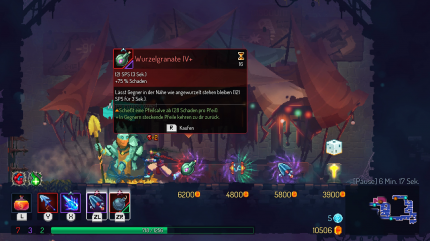 Die Händler bieten drei Items an. Wenn ihr das Reroll-Upgrade gekauft habt, ändert ihr die Auslage (gegen Gold, versteht sich).
