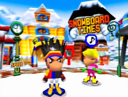 Im Story-Modus von Snowboard Kids 2 könnt ihr „Snow Town“ unsicher machen, diverse Läden besuchen oder Herausforderungen annehmen.