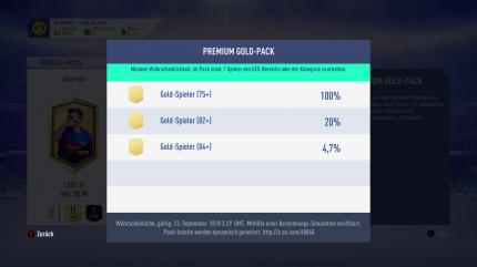 Wahrscheinlichkeiten für Spieler in Gold Packs in FIFA 19 Ultimate Team.