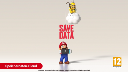 Mario und Lakitu auf weißem Grund, dazwischen ein Schriftzug