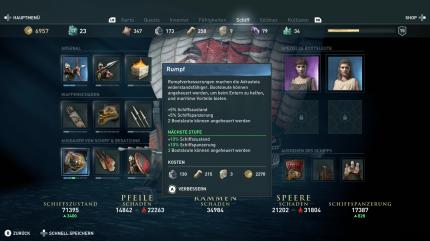 Menüpunkt des Schiffs in Assassin's Creed Odyssey zum Abschnitt Ausdauer von Schiff &amp; Besatzung.
