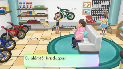 Im Fahrradladen in Azuria City schenkt uns der Besitzer fünf Herzschuppen, wenn wir all seine Fahrradmodelle bewundern.