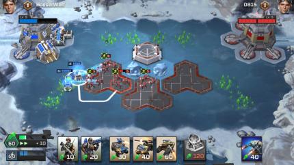 Command &amp; Conquer: Rivals - Eine aussichtlose Lage. Nicht nur wurden wir bereits einmal von einer Atomrakete getroffen (siehe Lebensanzeige über der linken Basis), wir haben zu Beginn des zweiten Timers auch nur noch zwei Einheiten (Jeep und Sammler) übrig. Aufgrund von Beschränkungen im Produktionszyklus werden wir es nie schaffen, genug Verteidiger in kürzester zu produzieren.