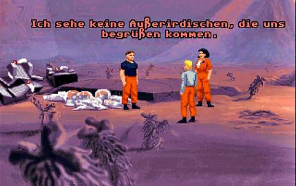 Lagebesprechung: In der fremden Welt angekommen ist die Gruppe unschlüssig über das weitere Vorgehen – und wie man je wieder zur Erde kommen soll. (PC)