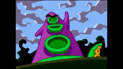 Die vielleicht wichtigste Szene in Day of the Tentacle: Nachdem Purpur-Tentakel von der Brühe der ­Matschmaschine trinkt, wachsen ihm Arme und er trachtet nach der Weltherrschaft.