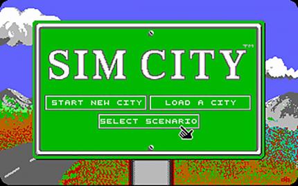 Das Hauptmenü des ersten Sim City ist Kult. Auf einem Straßenschild entscheiden wir, ob wir eine neue Stadt anlegen oder doch lieber eines der Szenarien spielen möchten.
