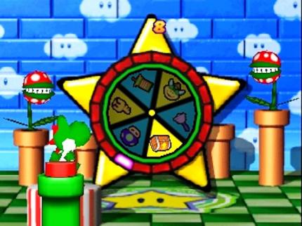 Mario Party 3 für das N64 steigerte die Zahl der Minispiele auf insgesamt 71. Hier spielt Yoshi gerade Glücksrad.