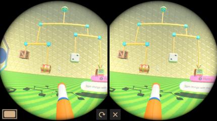 So sieht das Bild der Switch aus, wenn sie im VR-Dock steckt. Die Auflösung ist durch die Bildschirmteilung entsprechend gering.