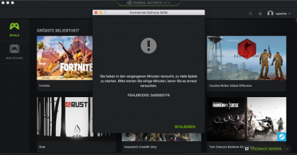 Störende Wartezeiten: Startet man bei GeForce Now in kurzen Abständen zu viele Spiele hintereinander, kann es sein, dass diese Meldung erscheint.