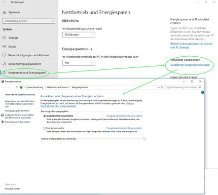 Energieoptionen bei Windows 10 - weitere Optionen gibt es im Gerätemanager