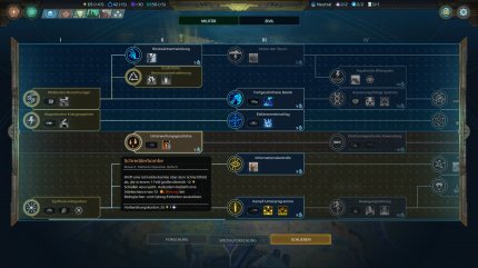 Der Forschungsbaum ist in mehrere Abschnitte unterteilt. Hier findet ihr auch die Geheimtechnologien, die ihr bei Spielstart gewählt habt.