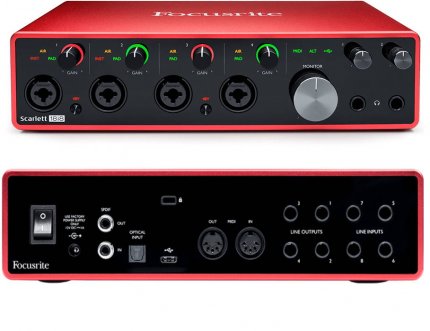 Ein Audiointerface für USB kann viele Anschlüsse bieten. Das Focusrite Scarlett 18i8 hat beispielsweise 18 Eingänge, was auch durch eine Doppelbelegung einiger Buchsen verwirklicht wird.