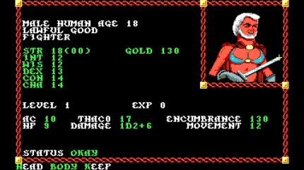 Bevor euer Abenteuer in Pool of Radiance startet, erstellt ihr eine sechsköpfige Heldengruppe und würfelt eure Startwerte aus. Sogar Transgender-Charaktere waren anno 1988 schon möglich. Achtet vor allem auf gute AC- und HP-Zahlen, die übrigen Werte dürft ihr auch nachtäglich per Hand modifizieren.
