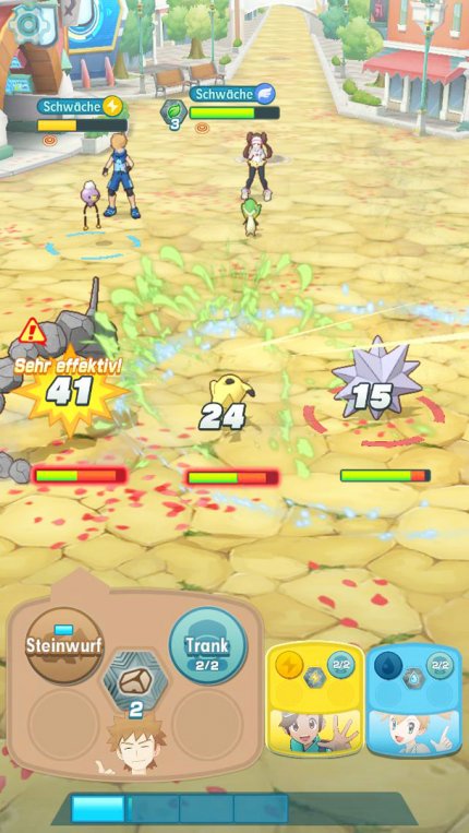 Die Kämpfe in Pokémon Masters erinnern an die Gefechte in der Hauptreihe. Elemente, Attacken und Items sollten für den Sieg clever genutzt werden.