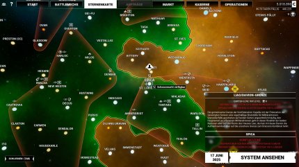 Mechwarrior 5: Mercenaries - Ein Teilbereich des Sternereichs, genannt Innere Sphäre, das die Grenze zwischen den Häusern Davion (Gold) und Liao (Grün). Fun Fact: ihr könnt jeden Planeten auf der riesigen Sternenkarte bereisen.