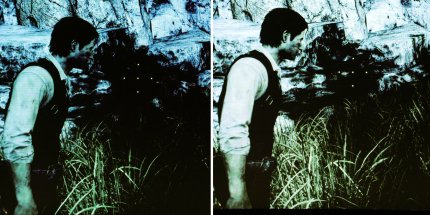 Night-Vision-Funktion bei The Evil Within: Beim Gras, dem Felsen im Hintergrund und dem Gesicht des Protagonisten sieht man eine Aufhellung. Die Vergleichsbilder wurden direkt vom Monitor abfotografiert.