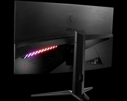 MSI Optix MAG322CQRV: Rückseite mit konfigurierbarer LED-Beleuchtung und dem OSD-Joystick (links unten am Gehäuse in Rot)