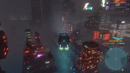 Das Fliegen mit dem HOVA-Car macht in der Cyberpunk-Stadt besonders viel Spaß.