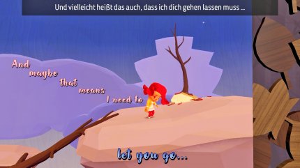 Die grafische Gestaltung der Gedanken der Darsteller ist nur auf Englisch schön in die Umgebung eingebunden. Der deutsche Text steht oben am Bildschirmrand.