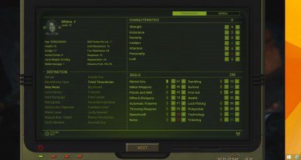 Der Charaktereditor bietet viele Individualisierungsmöglichkeiten, ohne zu unübersichtlich zu werden. Das Design erinnert stark an die Pip-Boys aus der Fallout-Reihe.