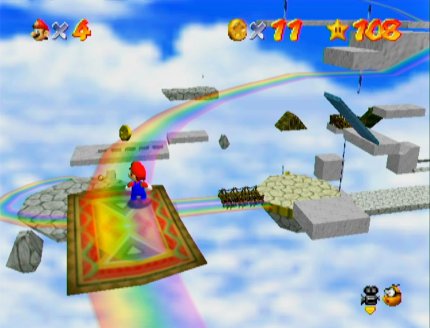 Im Level Regenbogen-Raserei fällt man nicht nur ständig hinab, die Fahrten auf den Teppichen sind auch elendig langweilig.