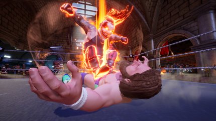 Nicht nur an der Cartoon-Grafik sieht man, dass Battlegrounds etwas überdrehter ist als andere Wrestling-Games. Starke Attacken leuchten schön bunt.