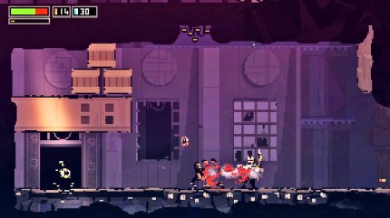 Wo Devolver als Publisher fungiert, darf Pixel-Splatter nicht fehlen.&nbsp; <br> Die Donnerbüchse hinterlässt hier blutige Klumpen. <br> &nbsp;