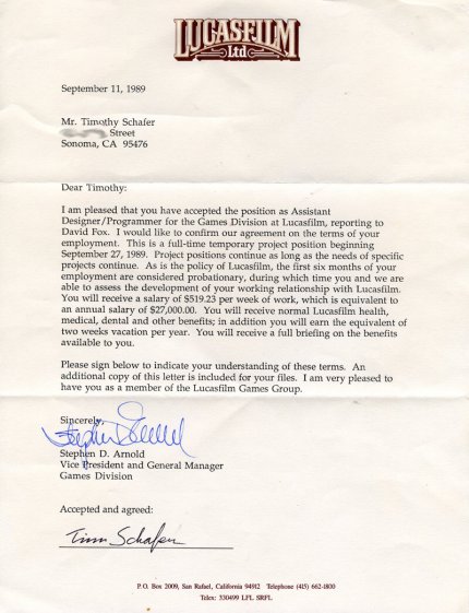Am 11. September 1989 erhielt Tim Schafer diesen Jobzusage-Brief von Lucasfilm Games. Einstiegsgehalt: 519,23 Dollar pro Woche.
