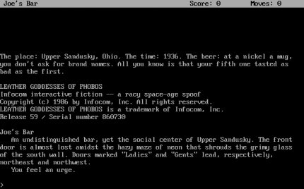 Der Spieler entscheidet im Text-Adventure Leather Goddesses of Phobos (1986) das Geschlecht seines Charakters, indem er entweder die Männer- oder die Frauentoilette betritt.<br> &nbsp;