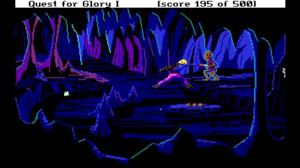 Das ging schief! Eigentlich wollte der Held den Kobold beklauen und muss nun gegen ihn kämpfen, nachdem er ihn versehentlich geweckt hat. (EGA-Version)