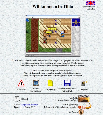 Internet vor YouTube und Instagram: Tibias erste Internetseite im Jahr 1997.