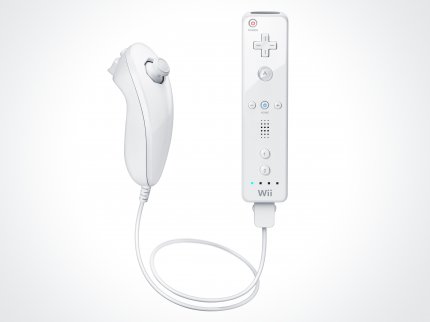 Die klassische Kombination aus Wiimote und Nunchuk-Controller. Dem Lieferumfang lagen eine Handschleife zur Befestigung der Fernbedienung sowie eine Plastikhülle bei.