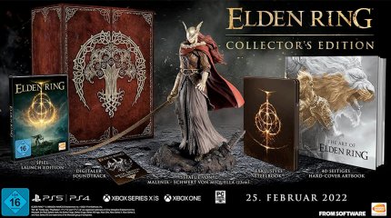 Die edle Elden Ring Collector's Edition beinhaltet neben dem Spiel auf Disc u.a. eine 23 cm Statue von Malenia mit dem Schwert von Miquella, ein exklusives SteelBook, ein 40-seitiges Hardcover Artbook, den digitalen Soundtrack, Poster, Art Cards, Sticker und Aufnäher.