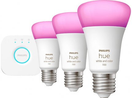 Günstig wie nie - nur heute: Philips Hue White &amp; Col. Amb. LED E27 3er Starter Set inkl. Hue Bridge bei Media Markt