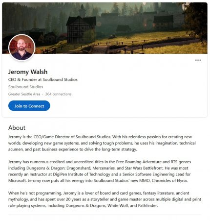 Wie man auf seiner Linked-in-Page entdeckt, ist Jeromy Walsh ein Tischrollenspiel-Liebhaber der ersten Stunde. CoE sollte sein Hobby zum Beruf machen.