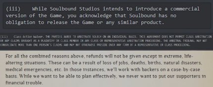 Kein Spiel, keine Sammelklage, keine Rückerstattung. Wenn euch nun schwindlig wird: Selbst MMO-Titanen wie Activision/Blizzard sind in ihren EULA deutlich vorsichtiger, was die Formulierung angeht.<br> &nbsp;