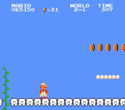 Miyamoto und Co. sind verdammt gut darin, die acht Welten von Super Mario Bros. mit Überraschungen zu spicken. Hier im Bild: eine Bohnenstange, die in einen Himmelsabschnitt führt.