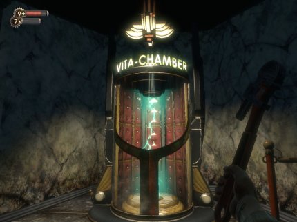 Ähnlich wie in System Shock erwacht ihr nach dem Bildschirmtod in einem sogenannten Vita-Chamber. Dadurch gibt es keinen Bruch innerhalb der Geschichte.