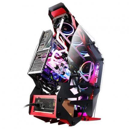 Das Antec Torque ist ein halb offenes Gehäuse fuer gut 400 Euro . das Bild zeigt die Ansicht hinten rechts inklusive eingebauter Hardware.