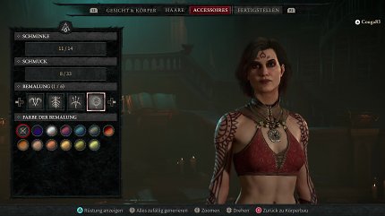 Eine Zauberin im Charaktereditor mit Optionen für Schmuck und Schminke.