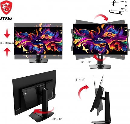 Der Monitor ist höhenverstellbar und lässt sich in alle Richtungen neigen.