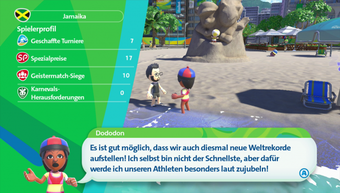Am Strand habt ihr nicht nur schnellen Zugang zu allen wichtigen Spielfunktionen, ihr könnt hier auch interessante / witzige Gespräche mit CPU-Sportlern starten.