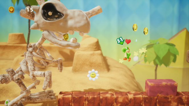 Yoshi's Crafted World: Welt 8 - Level 2: Skelettosaurus-Wrack: Die erste Blume erhaltet ihr zemlich am Anfang des Levels.