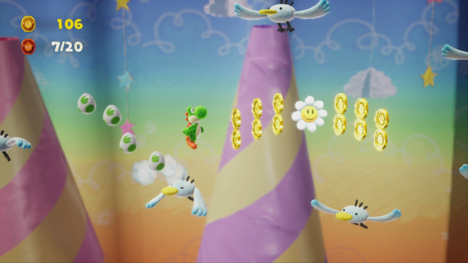 Yoshi's Crafted World: Welt 9 - Level 3: Windwärtsweg: Nach dem Checkpoint müsst ihr über die untere Reihe der Möwen hüpfen, um die zweite Blume zu erwischen.